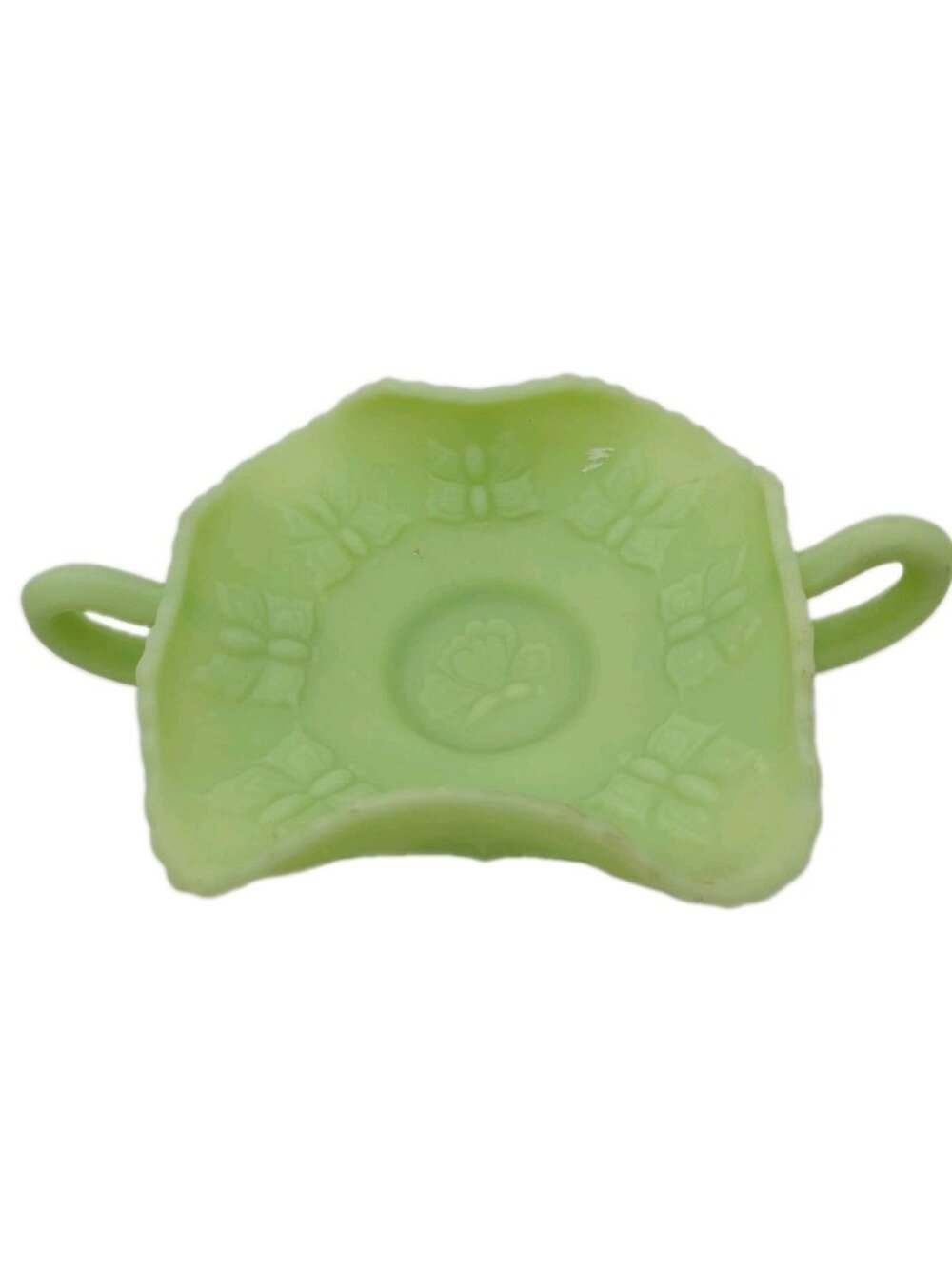 Fenton Dish Green Satin Glass Butterfly Two Handled Trinket